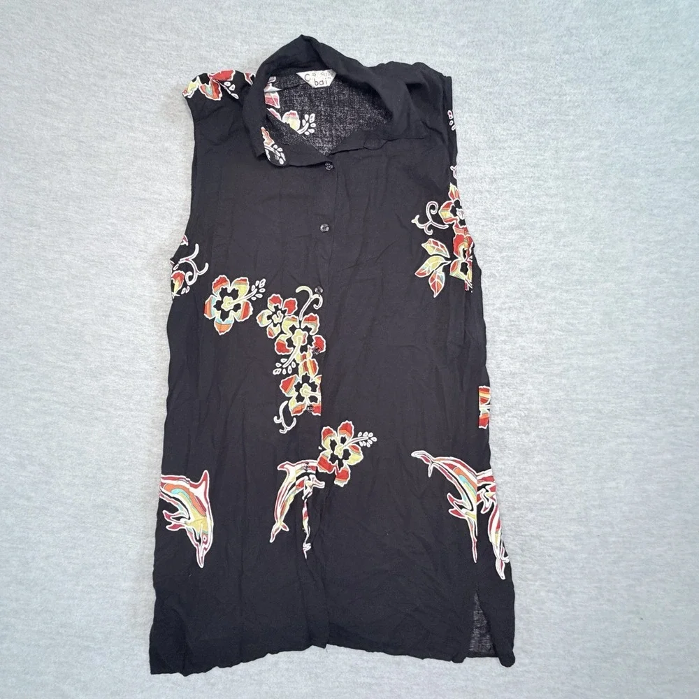 VTG Cabali Cancun L Mini Dress Black Floral Hawaiian Swim Cover Up Boho Beachy
